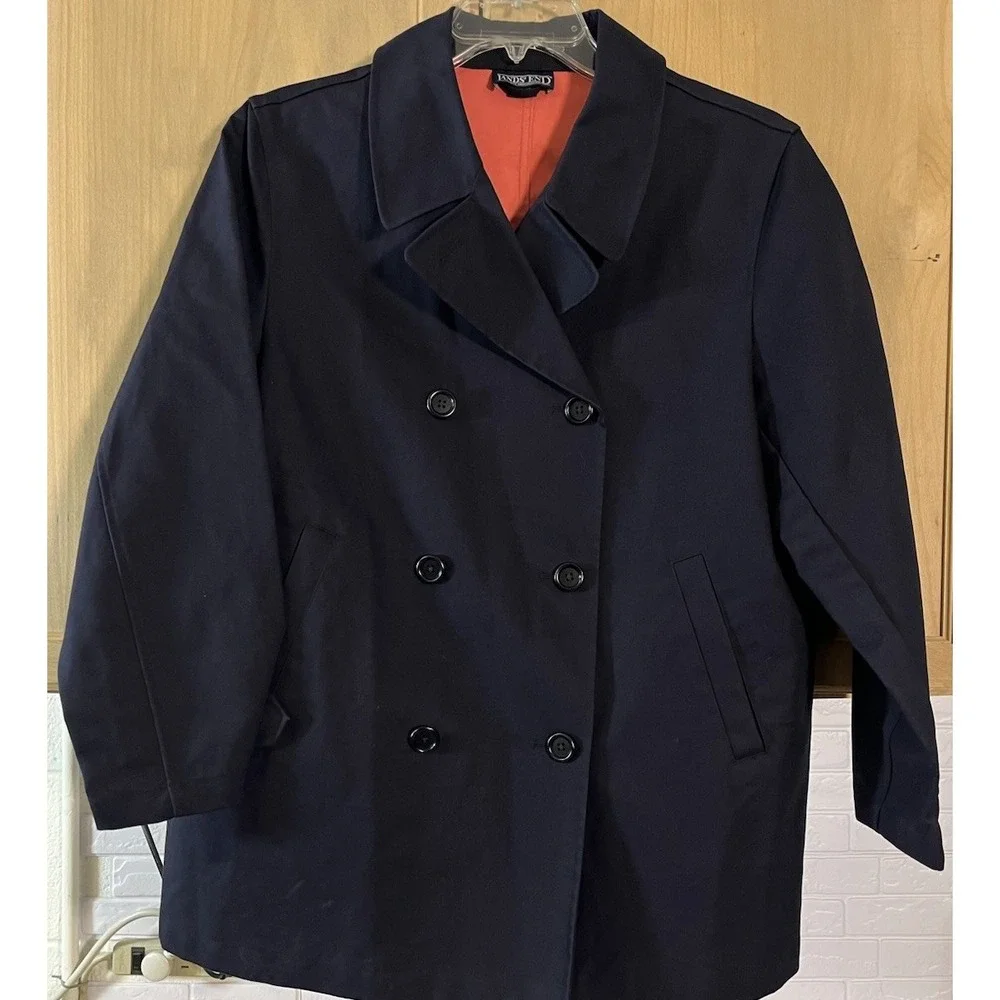 Lands' End Navy Blue Double Breasted Collared Lightweight Prep Jacket Size 10-12